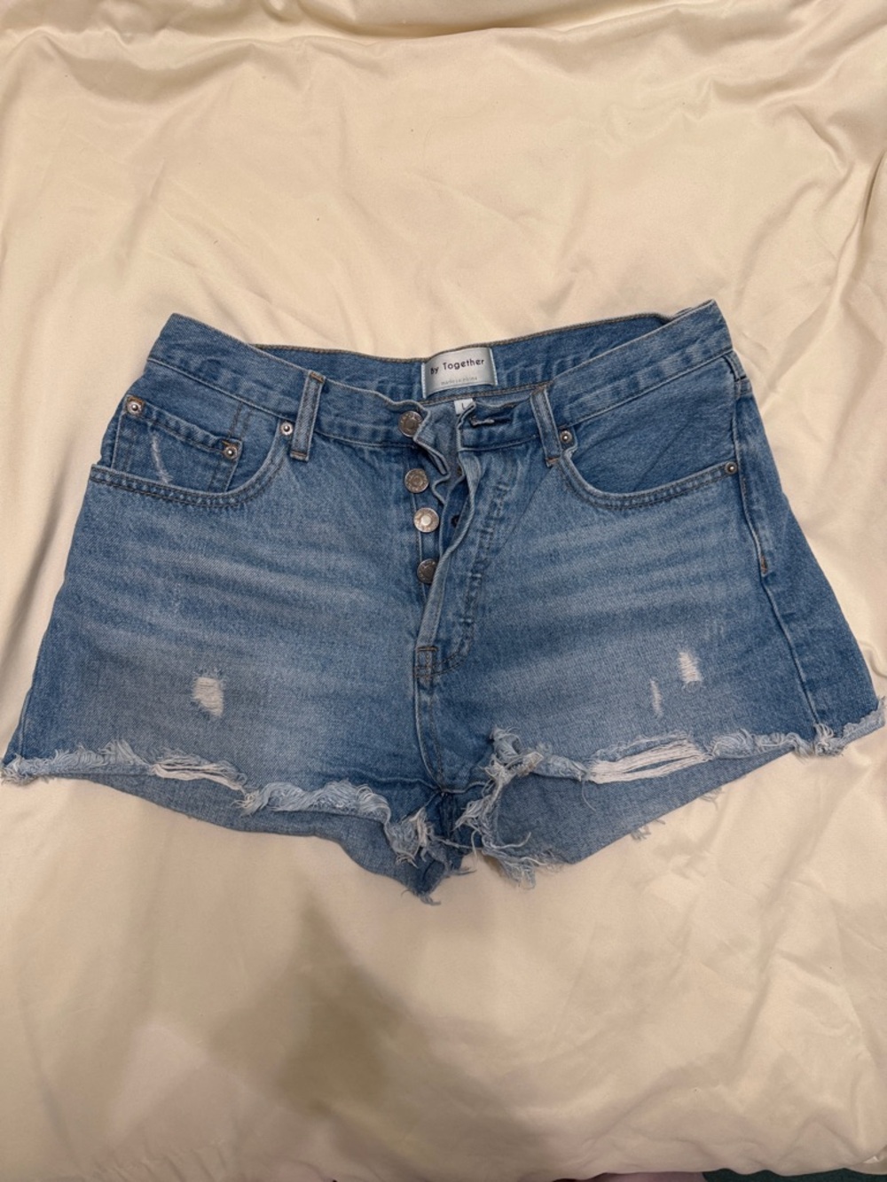 Together Distressed Frayed Hem Denim Shorts in Light Blue